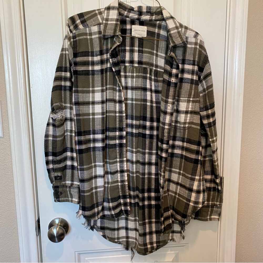 Oversized Plaid and Flannel Distressed Shacket/Button Down Shirt